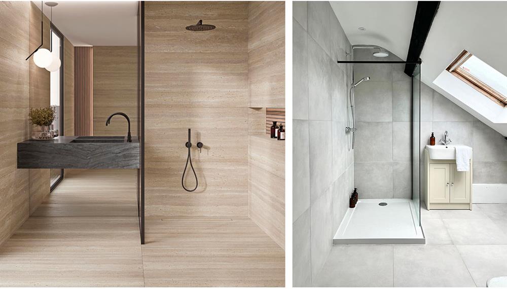(Left) Bathroom featuring veincut travertino porcelain tiles, (Right) Bathroom featuring lavo silver concrete-effect porcelain tiles